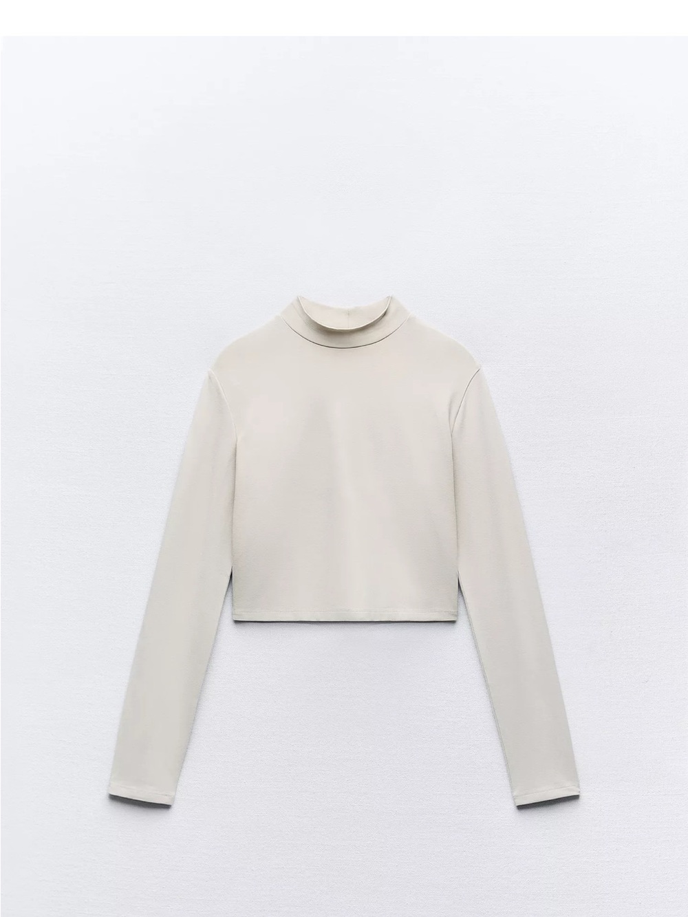Zara-Cropped Mock Neck Long-Sleeve Top in Light Beige